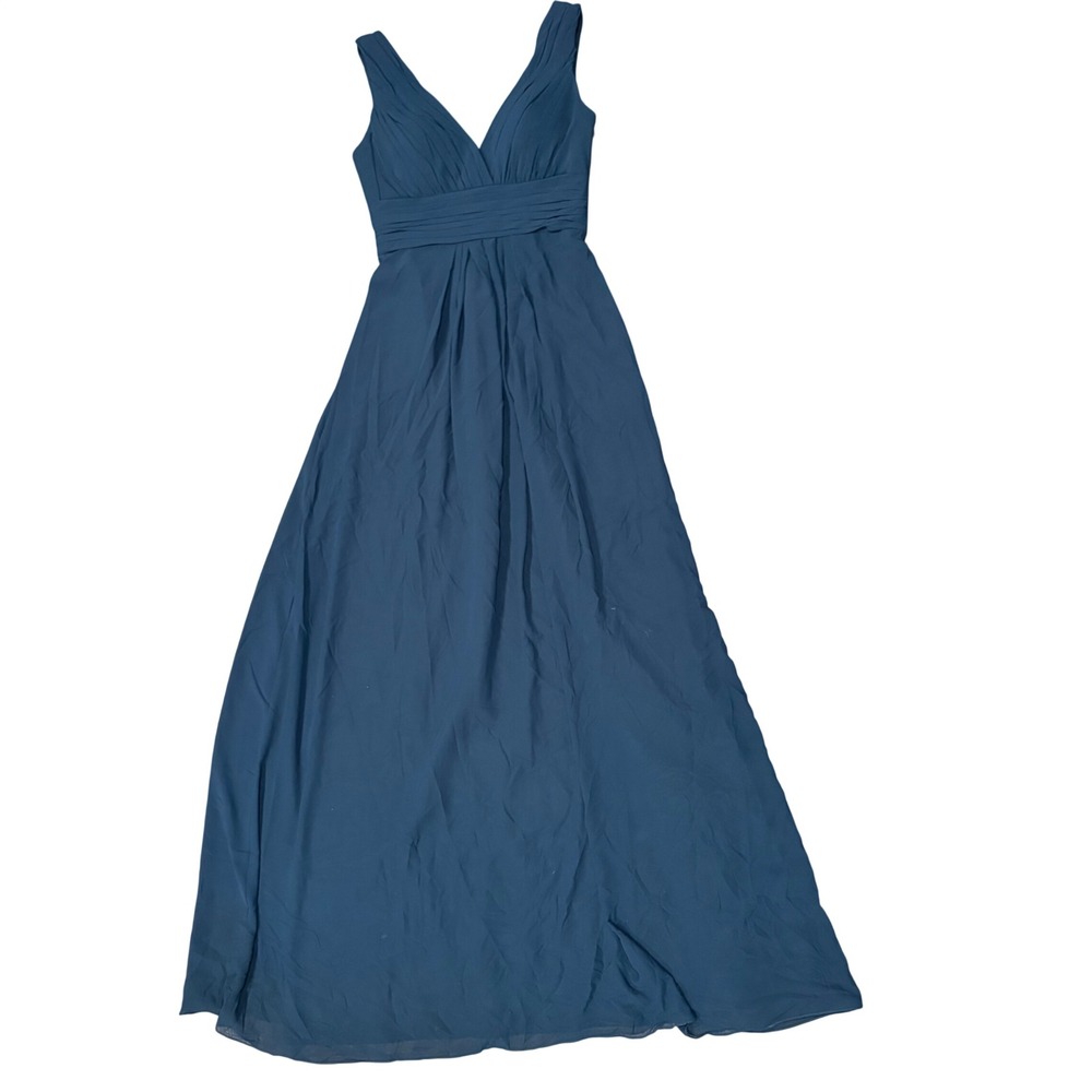 Bill Levkoff Navy Chiffon Maxi Dress Ruched V Neck Formal Gown Wedding Guest 2